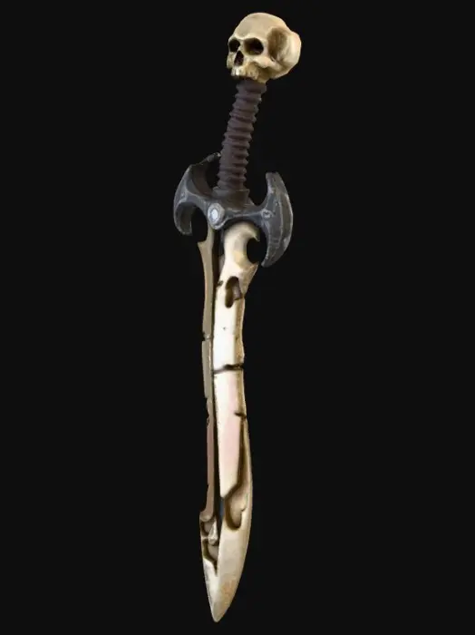 3D model for • La Lame :
• Ne ressemble pas à du métal forgé. Elle a la couleur de l'os vieilli et jauni.
• Détail 3D : La lame est dentelée de manière irrégulière, comme si elle avait été sculptée dans une immense colonne vertébrale créature. Les bords sont ébréchés et poreux. Des fissures sombres parcourent la surface.
• La Garde :
• Asymétrique. Elle ressemble à une cage thoracique humaine brisée qui s'enroule autour de la base de la lame.
• La Poignée :
• Matériau : Semble être faite de tendons séchés et de lanières de cuir brut, enroulés grossièrement autour d'un fémur.
• Le Pommeau :
• Un petit crâne humain noirci, dont les orbites sont vides (ou pourraient contenir une faible lueur rouge en post-production).