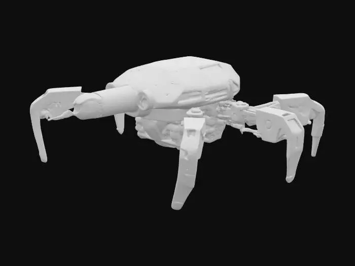 3D model for The Grackle is a palm-sized autonomous repair drone, notable for its semi-aerodynamic beetle-like shell, triple-jointed repair limbs, and a high-frequency spot welder snout that hums faintly when active. Its casing is matte-gray with oil-slick undertones, often scuffed from constant hull traversal. Beneath its plated shell are pivoting magnetic limblets, allowing it to crawl over vertical or inverted surfaces with ease—ideal for internal tank walls, drone cradles, or vehicle exteriors in motion.