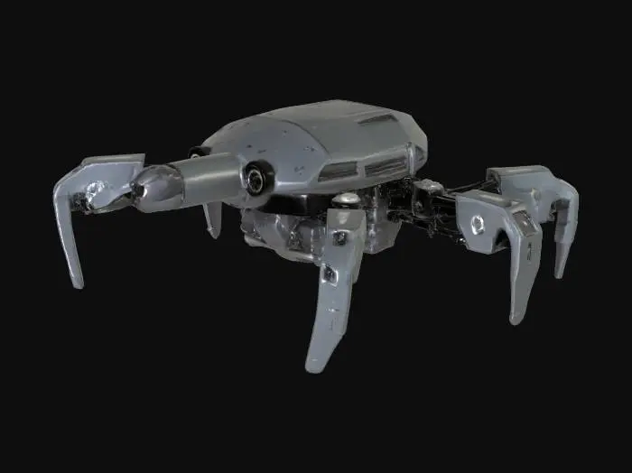 3D model for The Grackle is a palm-sized autonomous repair drone, notable for its semi-aerodynamic beetle-like shell, triple-jointed repair limbs, and a high-frequency spot welder snout that hums faintly when active. Its casing is matte-gray with oil-slick undertones, often scuffed from constant hull traversal. Beneath its plated shell are pivoting magnetic limblets, allowing it to crawl over vertical or inverted surfaces with ease—ideal for internal tank walls, drone cradles, or vehicle exteriors in motion.