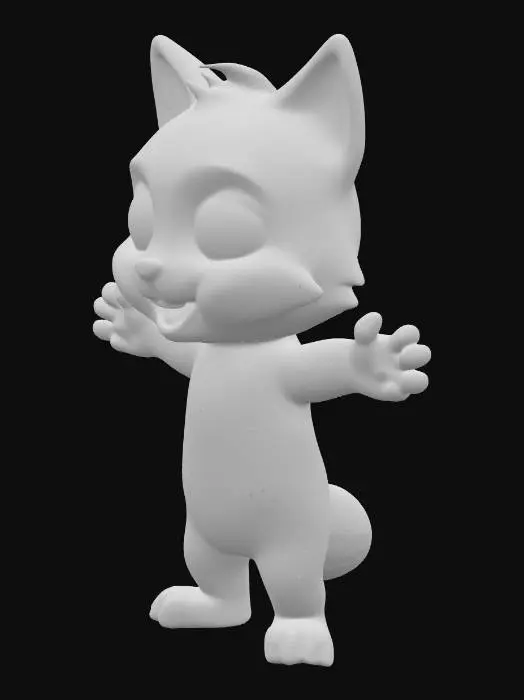 3D model for A male chibi anime wolf character stands in a T-pose, showcasing its exaggerated, rounded proportions with an oversized head and small, compact body. Its fur appears soft and plush-like, suggesting a smooth, tactile quality, possibly in shades of gray, white, and brown. Large, expressive anime-style eyes give it a friendly gaze, while its pointed ears and bushy tail add to its wolf-like charm. The character's form is simplified, with smooth, gentle curves defining its limbs and torso.