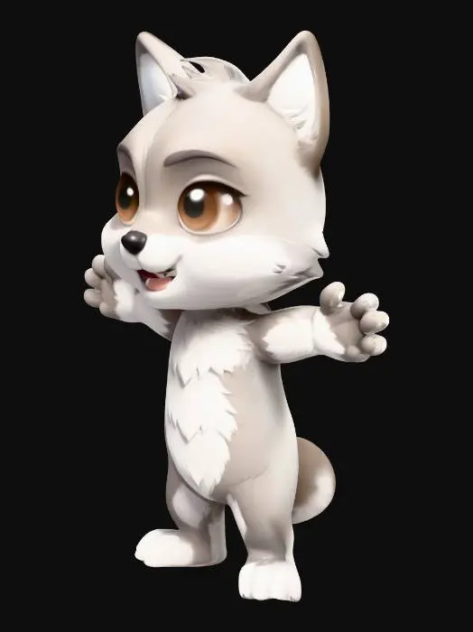 3D model for A male chibi anime wolf character stands in a T-pose, showcasing its exaggerated, rounded proportions with an oversized head and small, compact body. Its fur appears soft and plush-like, suggesting a smooth, tactile quality, possibly in shades of gray, white, and brown. Large, expressive anime-style eyes give it a friendly gaze, while its pointed ears and bushy tail add to its wolf-like charm. The character's form is simplified, with smooth, gentle curves defining its limbs and torso.