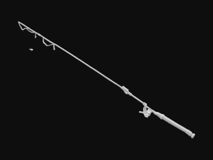 3D model for fishing rod with a long, thin, slightly flexible body. The rod should taper towards the tip and have a handle at the base, which is slightly thicker and textured for grip. Include line guides along the length of the rod, evenly spaced and decreasing in size towards the tip. The model should also feature a fishing reel near the handle, with a spool, crank, and support bracket. The overall design should be realistic and optimized for use in a 3D game engine like Unity
