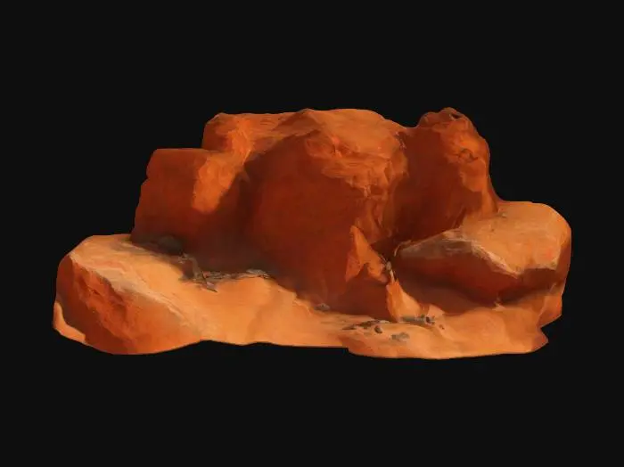 3D model for Generiere ultra-realistische rote Wüstenfelsen, inspiriert von den markanten, warmen Orangetönen und geschichteten Strukturen natürlicher Sandsteinformationen. Die Felsen sollten detailliert sein, mit sichtbaren Erosionsspuren, Rissen und natürlichen Vertiefungen. Im Hintergrund ein klarer Himmel, wahlweise mit sanften Wolken, der die weite, trockene Landschaft ergänzt. Der Stil soll fotorealistisch wirken, mit präzisen Texturen und Schattierungen, die das raue Wüstenklima widerspiegeln