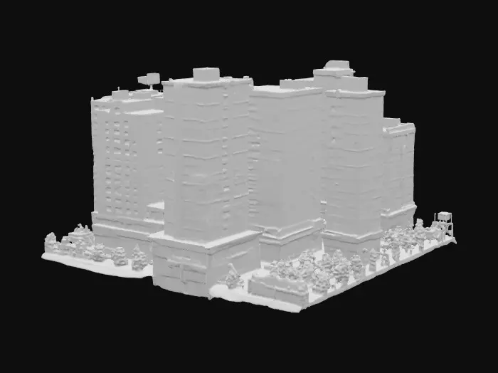 3D model for Eine kleine Stadt mit Hochhäusern, Strassen, autos und bäumen. Miniatur, hoch detailliert. Quadratischer Stadtblock