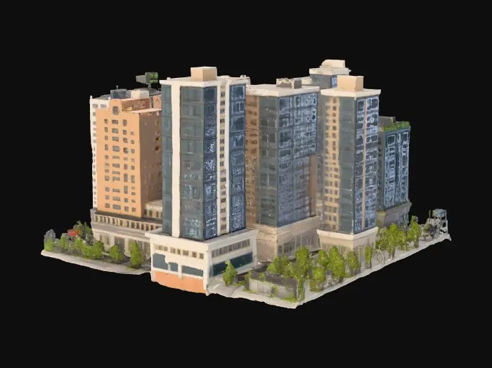 3D model for Eine kleine Stadt mit Hochhäusern, Strassen, autos und bäumen. Miniatur, hoch detailliert. Quadratischer Stadtblock