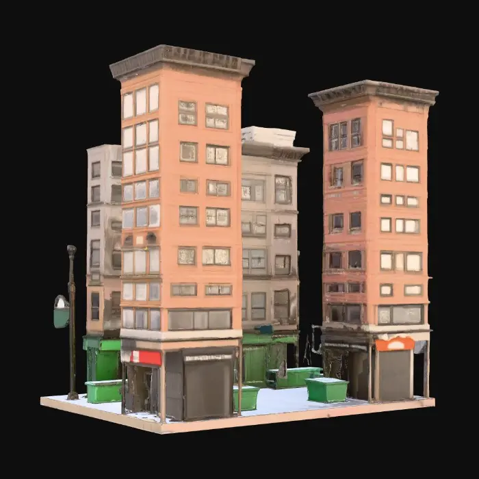 3D model for A highly detailed city block with multi story buildings, streets, Trash bins, streetlights, benches, crosswalks, 