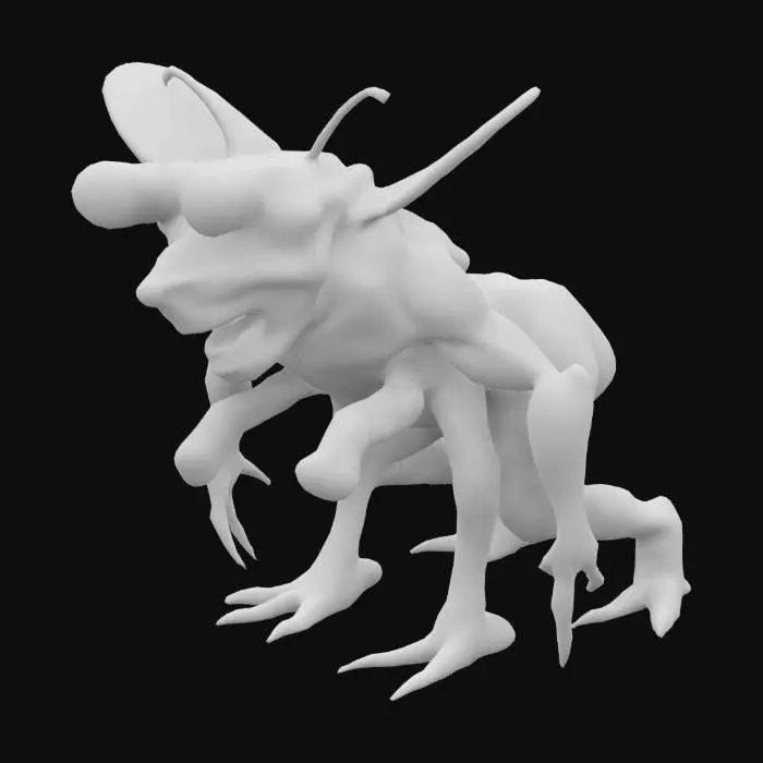 3D model for Man with five legs and two heads who is wide and buff. He has slug eyes and bee wings and is very buff and realistic. He has a big smile and is cursed.