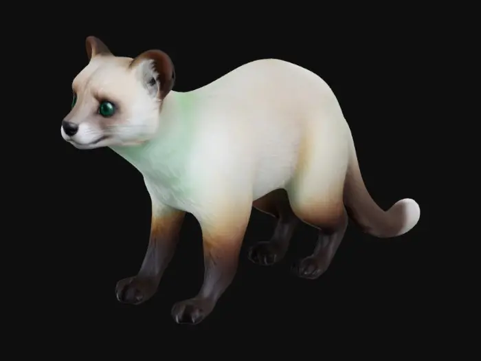 3D model for A sleek, pale pine marten with soft white fur tinged with faint rosy and grey hues. She has piercing emerald-green eyes and a jagged crimson scar running along her back.