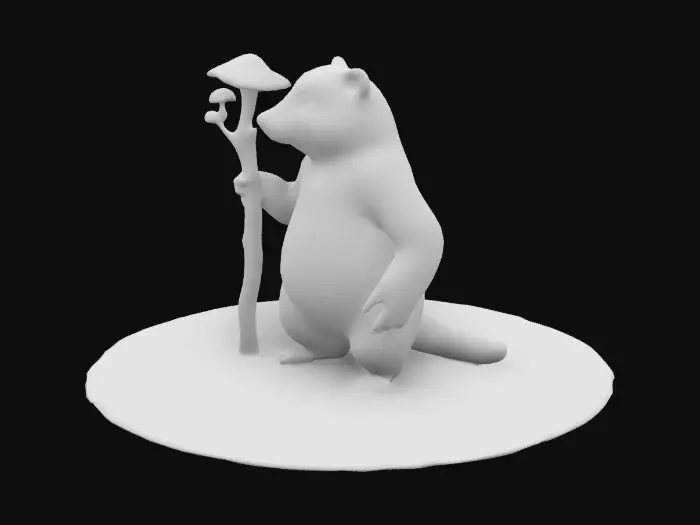 3D model for A large, wise, old grizzled badger with fur in earthy browns and whites and sharp amber eyes. He carries a sturdy wooden staff adorned with glowing fungi, a symbol of his endurance and acquired magic.