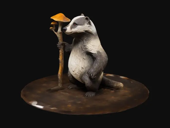 3D model for A large, wise, old grizzled badger with fur in earthy browns and whites and sharp amber eyes. He carries a sturdy wooden staff adorned with glowing fungi, a symbol of his endurance and acquired magic.
