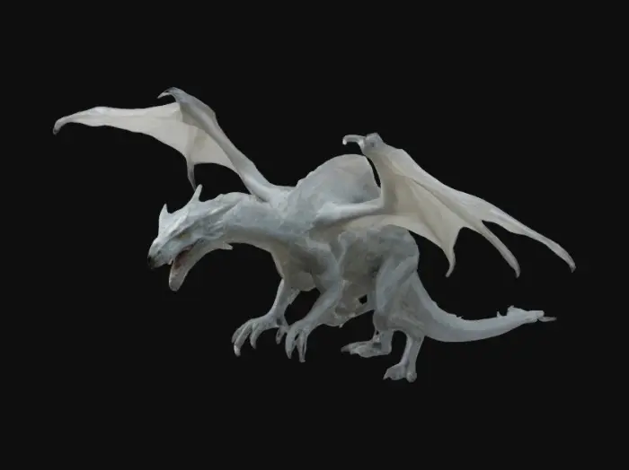 3D model for A huge, wispy, skeletal, misty, ghostly, hazy, pale dragon, its wings outstretched, regal, wise, majestic, ancient, mouth open wide, roaring, prominent ridges along its back and tail, dangerous, magical force, stunning majesty, awe-inspiring, stunning.