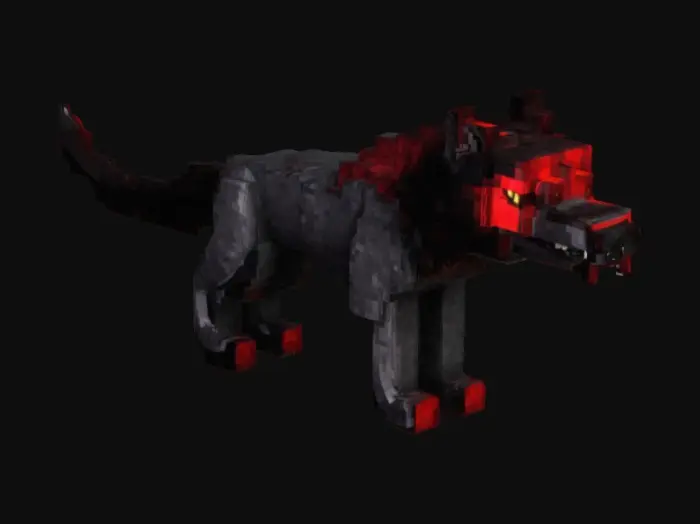 3D model for A black, red-eyed Minecraft wolf in a defensive pose.