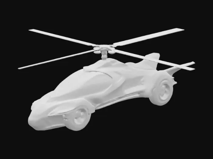 3D model for A futuristic helicopter car, with rotor-blades atop it, an aerodynamic design, and a streamlined body. It is obsidian black, streaked with blue, glowing galaxy designs.