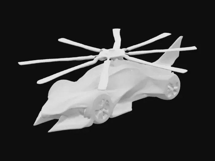3D model for A futuristic helicopter car, with rotor-blades atop it, an aerodynamic design, and a streamlined body. It is obsidian black, streaked with blue, glowing galaxy designs.