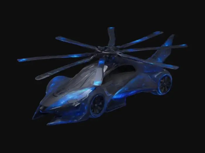 3D model for A futuristic helicopter car, with rotor-blades atop it, an aerodynamic design, and a streamlined body. It is obsidian black, streaked with blue, glowing galaxy designs.