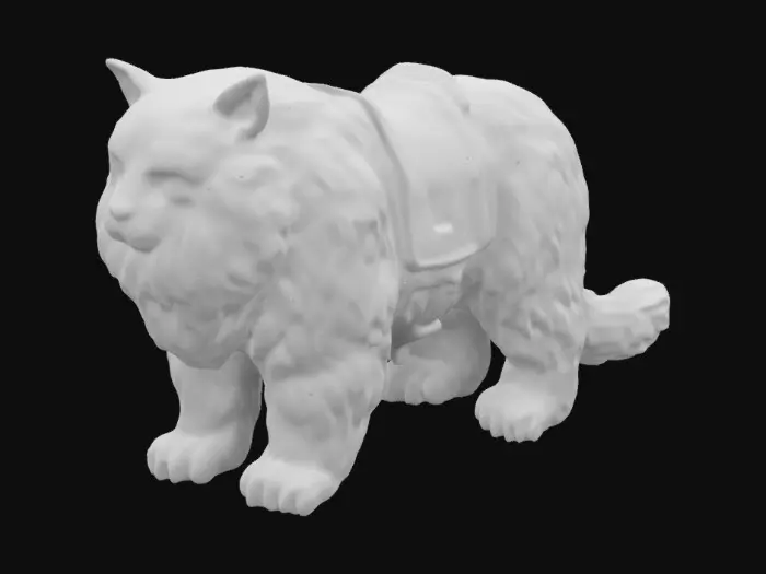 3D model for Imagine a massive, larger-than-life, shaggy, long-legged, majestic feline animal, huge and bulky, with large, gentle eyes, a plumy tail, and tufted ears. A leather saddle sits atop its massive grey back, the leather straps fastened around its belly.