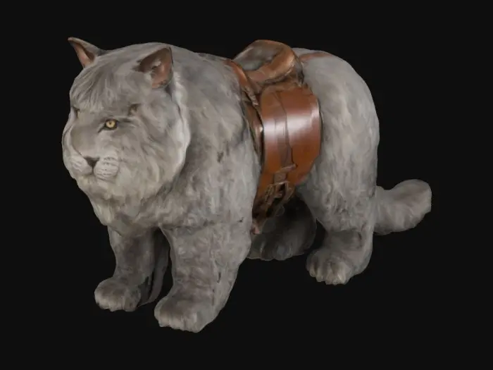 3D model for Imagine a massive, larger-than-life, shaggy, long-legged, majestic feline animal, huge and bulky, with large, gentle eyes, a plumy tail, and tufted ears. A leather saddle sits atop its massive grey back, the leather straps fastened around its belly.