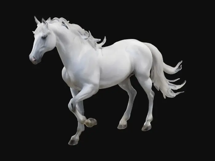 3D model for Imagine a majestic, sleek, streamlined white stallion, mane and tail glossy and flowing, pose wild and free, standing victoriously atop a grassy ridge, edge of cliff.