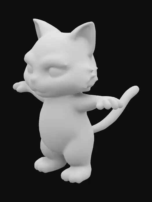 3D model for A scruffy, scrappy black cat with a white crescent-shaped marking on his chest and striking green eyes.