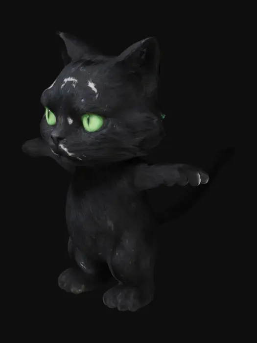 3D model for A scruffy, scrappy black cat with a white crescent-shaped marking on his chest and striking green eyes.