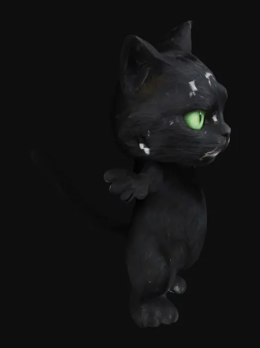3D model for A scruffy, scrappy black cat with a white crescent-shaped marking on his chest and striking green eyes.