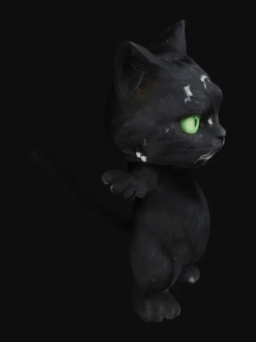 3D model for A scruffy, scrappy black cat with a white crescent-shaped marking on his chest and striking green eyes.
