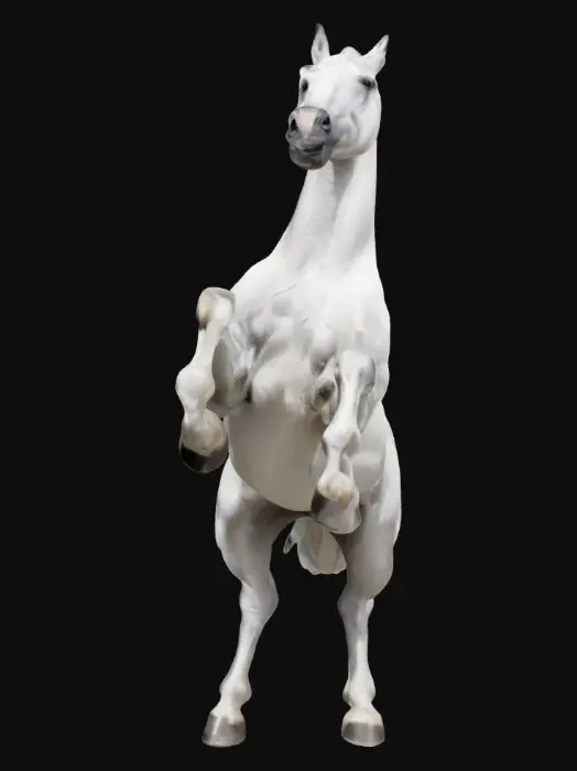 3D model for Imagine a majestic, sleek, streamlined white stallion, mane and tail glossy and flowing, pose wild and free, rearing up on its hind legs victoriously.