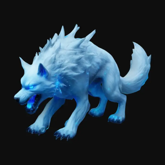 3D model for An evil, blue-eyed, white wolf, blue glowing spines growing on its back, mythical demon spawn.