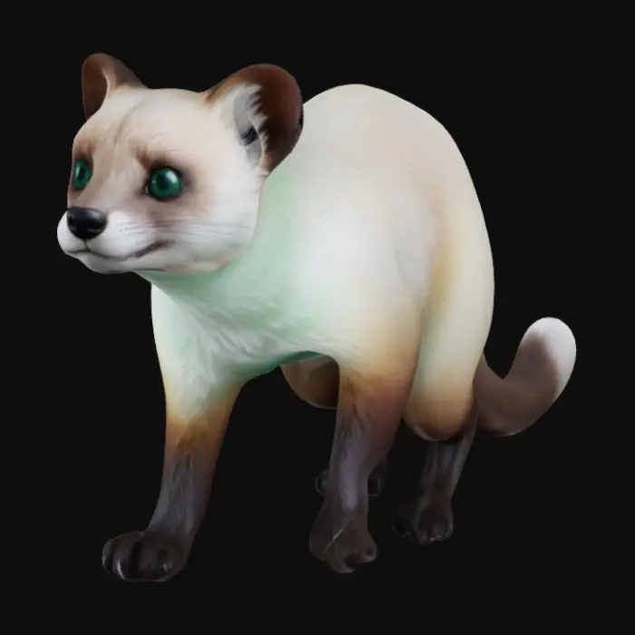 3D model for A sleek, pale pine marten with soft white fur tinged with faint rosy and grey hues. She has piercing emerald-green eyes and a jagged crimson scar running along her back.