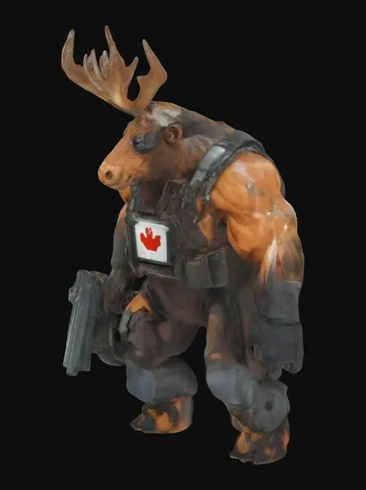 3D model for A bipedal moose from the tmnt universe is visible only from the waist up. He wears a spy infiltration suit and is very muscular. He wears the canadian army insignia. He is holding an assault rifle with one hand. The style is character concept art style