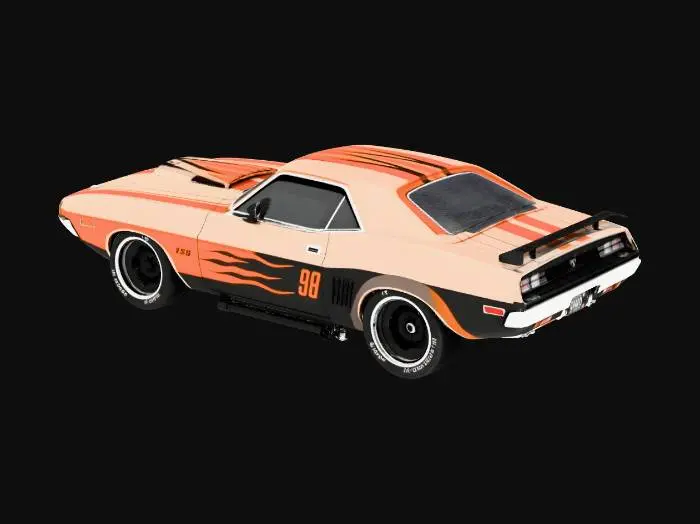 3D model for Auto musculoso de 1970 inspirado en el Dodge Challenger 1972, reinterpretado en el estilo Hot Wheels Acceleracers. Carrocería agresiva y aerodinámica, más ancha y baja que el modelo original, con modificaciones futuristas de competición: tomas de aire exageradas, capó largo con scoop prominente, líneas afiladas y musculosas. Ruedas grandes con rines deportivos y neumáticos de alto rendimiento, suspensión baja estilo pista. Detalles metálicos y tecnológicos propios de Acceleracers, luces delanteras estilizadas, estética de velocidad extrema. Pintura brillante con degradados intensos, gráficos dinámicos y sensación de movimiento. Diseño altamente detallado, look de juguete premium Hot Wheels pero con realismo mecánico, iluminación dramática, fondo neutro o pista futurista.