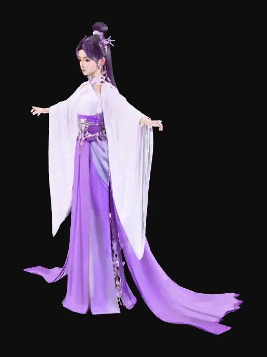 3D model for T-pose female model, full body, standard t-pose for rigging and animation, rig ready, Donghua style, Xianxia aesthetic, cultivator character, elegant flowing white and purple robes, delicate silver hairpin, beautiful face, perfect anatomy, highly detailed eyes, stunning portrait, 3D model, high resolution, game asset, single character.
