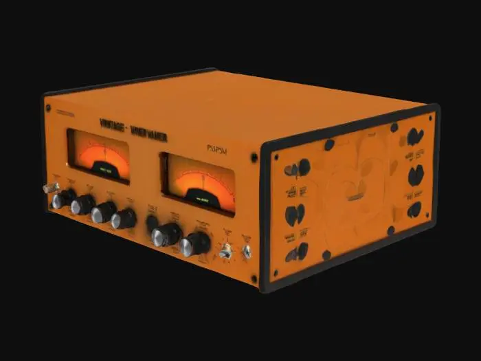 3D model for The image shows the interface of "PSP Vintage Warmer," a professional audio plugin by PSP (Professional Sound Projects). It features a vintage-style design with dual VU meters labeled "Left" and "Right," indicating audio levels. The control panel includes knobs for adjusting Drive, Speed, Release, Ceiling, Wall, Mix, and Output, along with frequency and high/low settings. Switches for On/Off, Auto, Brick, Single/Multi, Mono/Stereo, and Link On are also present, offering versatile audio processing options.