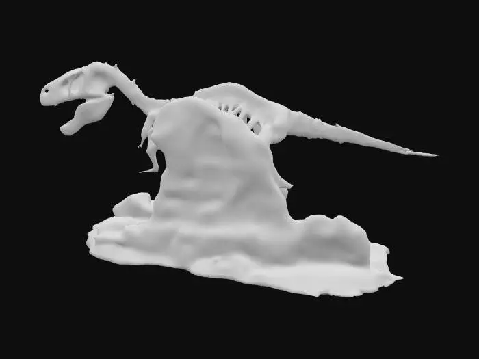 3D model for This image depicts a fossilized skeleton of a dinosaur, likely a theropod such as a Tyrannosaurus rex, embedded in a rocky surface. The skeleton includes a large skull with prominent teeth, a long tail, and limb bones, suggesting it was a bipedal predator. The surrounding broken rock pieces indicate it was recently excavated or is part of a dig site. The image is credited to Cascadia Digital.
