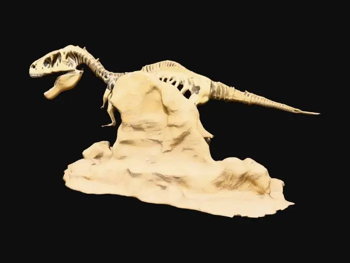 3D model for This image depicts a fossilized skeleton of a dinosaur, likely a theropod such as a Tyrannosaurus rex, embedded in a rocky surface. The skeleton includes a large skull with prominent teeth, a long tail, and limb bones, suggesting it was a bipedal predator. The surrounding broken rock pieces indicate it was recently excavated or is part of a dig site. The image is credited to Cascadia Digital.