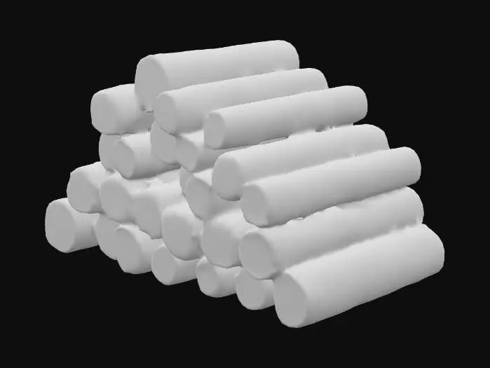 3D model for The image portrays a substantial pile of wooden logs meticulously stacked in an outdoor setting. The logs are cylindrical, with freshly cut ends displaying a light brown to golden-brown interior, marked by subtle growth rings. The outer bark varies in texture and color, ranging from dark brown to grayish tones, indicating different tree species or stages of drying. The stack is arranged in a slightly curved, tiered formation, with the logs placed horizontally and overlapping to ensure stability. The pile extends vertically and horizontally, creating a dense, uniform structure.