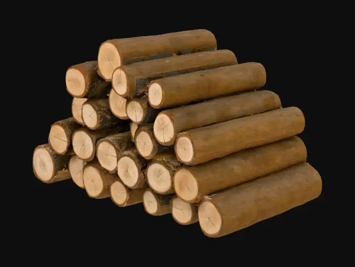 3D model for The image portrays a substantial pile of wooden logs meticulously stacked in an outdoor setting. The logs are cylindrical, with freshly cut ends displaying a light brown to golden-brown interior, marked by subtle growth rings. The outer bark varies in texture and color, ranging from dark brown to grayish tones, indicating different tree species or stages of drying. The stack is arranged in a slightly curved, tiered formation, with the logs placed horizontally and overlapping to ensure stability. The pile extends vertically and horizontally, creating a dense, uniform structure.