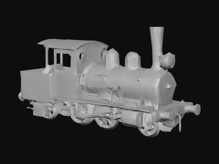 3D model for "A highly detailed 3D model of a Peckett B2 class 0-6-0ST industrial saddle tank steam locomotive number 24 in Swanage Railway livery: glossy black with red lining and buffer beams, gold number 24 and lettering on cab and tank sides, tall chimney, rounded saddle water tank over boiler, open cab with crew, spoked driving wheels, red front buffer beam with plaque, realistic heritage steam engine style, side view on track, high poly, photorealistic textures"