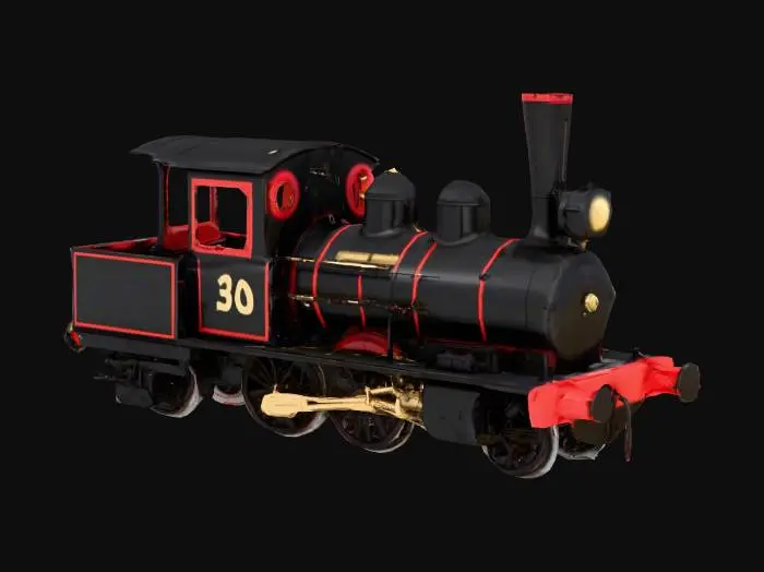 3D model for "A highly detailed 3D model of a Peckett B2 class 0-6-0ST industrial saddle tank steam locomotive number 24 in Swanage Railway livery: glossy black with red lining and buffer beams, gold number 24 and lettering on cab and tank sides, tall chimney, rounded saddle water tank over boiler, open cab with crew, spoked driving wheels, red front buffer beam with plaque, realistic heritage steam engine style, side view on track, high poly, photorealistic textures"