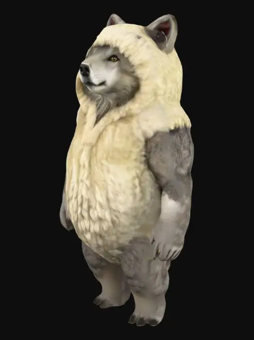 3D model for This image shows a wolf wearing a fluffy, sheep-like costume, standing among a group of real sheep in a grassy field. The costume covers the wolf's body, including its head and paws, blending it into the flock. The background is a blurred natural setting, emphasizing the wolf's humorous disguise.