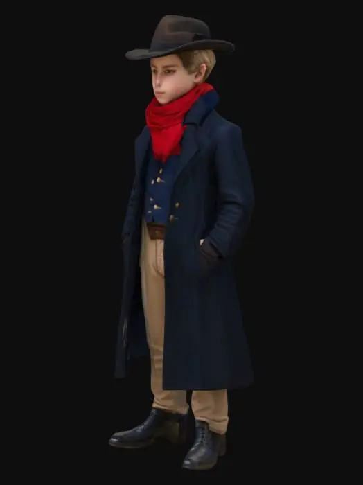 3D model for The image depicts a young boy standing on a cobblestone street in what appears to be a European city, possibly Paris, given the architectural style. He is dressed in 19th-century attire, including a dark blue coat, beige trousers, a red scarf, and a black cap. His hands are casually in his pockets, and he stands confidently near a glowing street lamp.
