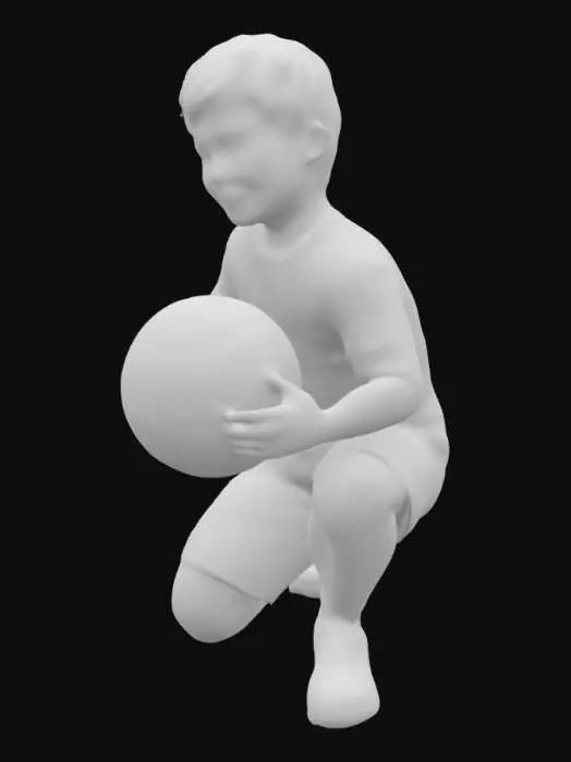 3D model for The image depicts a young blond boy kneeling on the floor, dressed in a red and blue striped sports jersey, white shorts, and matching athletic shoes. The individual is holding a soccer ball with both hands. A wristwatch is visible on the left wrist. The background features a dark setting with a curtain and a wooden surface. Text on the left side reads "Joseph Mazzello" accompanied by heart and smiling face emojis, framed within a purple border.