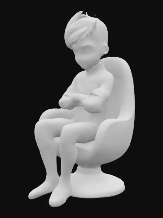 3D model for The image depicts an animated character, a young boy with blonde hair, seated in a futuristic chair within a high-tech cockpit or spacecraft. He is dressed in a form-fitting red and white suit with black accents, featuring a glossy finish and intricate detailing. His legs are spread apart, and he wears matching red gloves and white tights. The background includes large windows with a view of clouds and a sophisticated control panel, suggesting a space or flight environment.