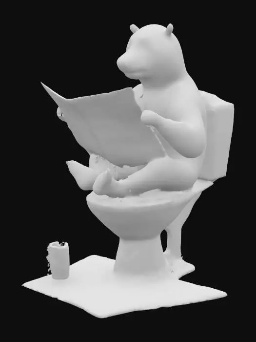 3D model for The image portrays a humorous scene featuring a brown bear seated on a white toilet in a forest setting, surrounded by tall trees and lush greenery. The bear is engrossed in reading a newspaper held in its paws. A roll of toilet paper is mounted on a nearby tree. The scene is enhanced by a small rug beneath the toilet, adding a touch of domesticity to the otherwise wild environment. The artwork blends realism with whimsical elements.