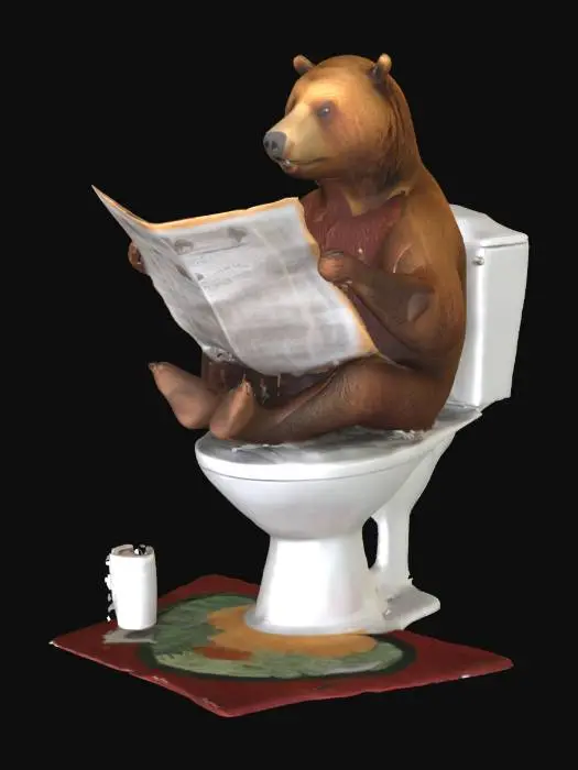3D model for The image portrays a humorous scene featuring a brown bear seated on a white toilet in a forest setting, surrounded by tall trees and lush greenery. The bear is engrossed in reading a newspaper held in its paws. A roll of toilet paper is mounted on a nearby tree. The scene is enhanced by a small rug beneath the toilet, adding a touch of domesticity to the otherwise wild environment. The artwork blends realism with whimsical elements.