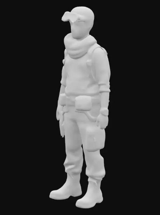 3D model for The image depicts a young individual dressed in a post-apocalyptic or rugged survivalist costume. The attire includes a tattered, short-sleeved shirt with visible patches and tears, layered with a thick, weathered scarf and a wide belt adorned with various pouches and accessories. The individual wears cargo pants with a distressed appearance and a shoulder pad on one side. A pair of goggles rests on the head, and a subtle mark is visible on the cheek, enhancing the character's rugged aesthetic. The background features a textured, neutral curtain with floral patterns, providing a contrast to the character's outfit.