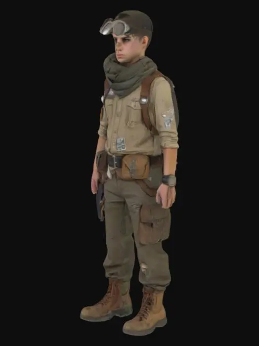 3D model for The image depicts a young individual dressed in a post-apocalyptic or rugged survivalist costume. The attire includes a tattered, short-sleeved shirt with visible patches and tears, layered with a thick, weathered scarf and a wide belt adorned with various pouches and accessories. The individual wears cargo pants with a distressed appearance and a shoulder pad on one side. A pair of goggles rests on the head, and a subtle mark is visible on the cheek, enhancing the character's rugged aesthetic. The background features a textured, neutral curtain with floral patterns, providing a contrast to the character's outfit.