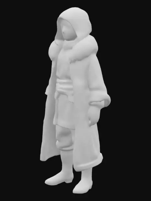 3D model for The image portrays a young individual dressed in a detailed, medieval-inspired outfit suited for a cold environment. The attire includes a hooded cloak with fur trim, covered in snow, suggesting a wintry setting. The individual wears a layered tunic with a wide belt featuring metallic embellishments and a crossbody strap. A scarf is wrapped around the neck, and the background depicts a snow-covered village with wooden structures and a distant church steeple, enhancing the atmospheric and historical ambiance