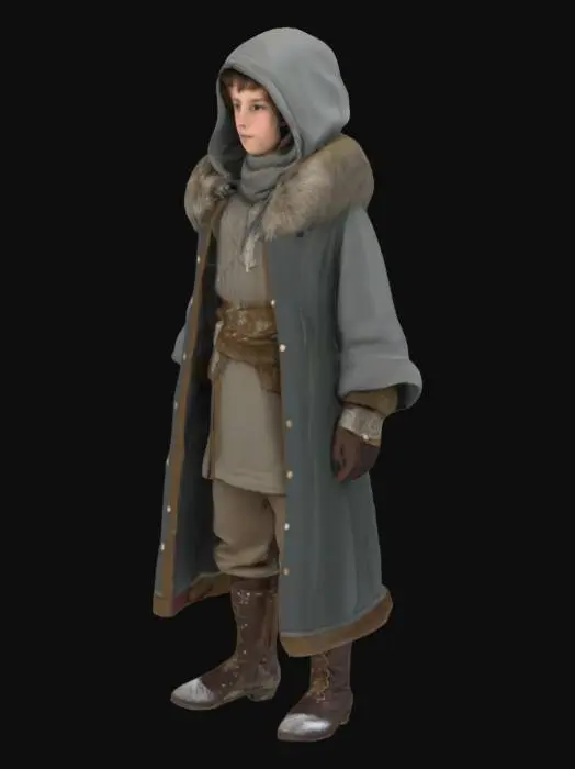 3D model for The image portrays a young individual dressed in a detailed, medieval-inspired outfit suited for a cold environment. The attire includes a hooded cloak with fur trim, covered in snow, suggesting a wintry setting. The individual wears a layered tunic with a wide belt featuring metallic embellishments and a crossbody strap. A scarf is wrapped around the neck, and the background depicts a snow-covered village with wooden structures and a distant church steeple, enhancing the atmospheric and historical ambiance