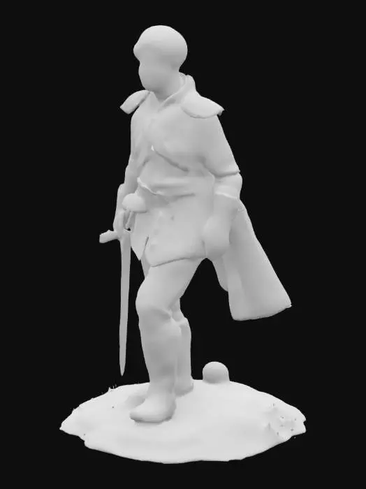 3D model for The image depicts a young individual dressed in a detailed, medieval-inspired outfit, suitable for an adventurer or warrior. The attire includes a green tunic with armored shoulder pads, a wide leather belt with pouches, and a crossbody strap. A sword is sheathed on the back, accessible via a harness. The individual wears dark trousers and sturdy boots, complemented by a flowing cape. The background features a vast, misty landscape with rolling hills, a cloudy sky, and scattered wildflowers, evoking a sense of exploration and open terrain.